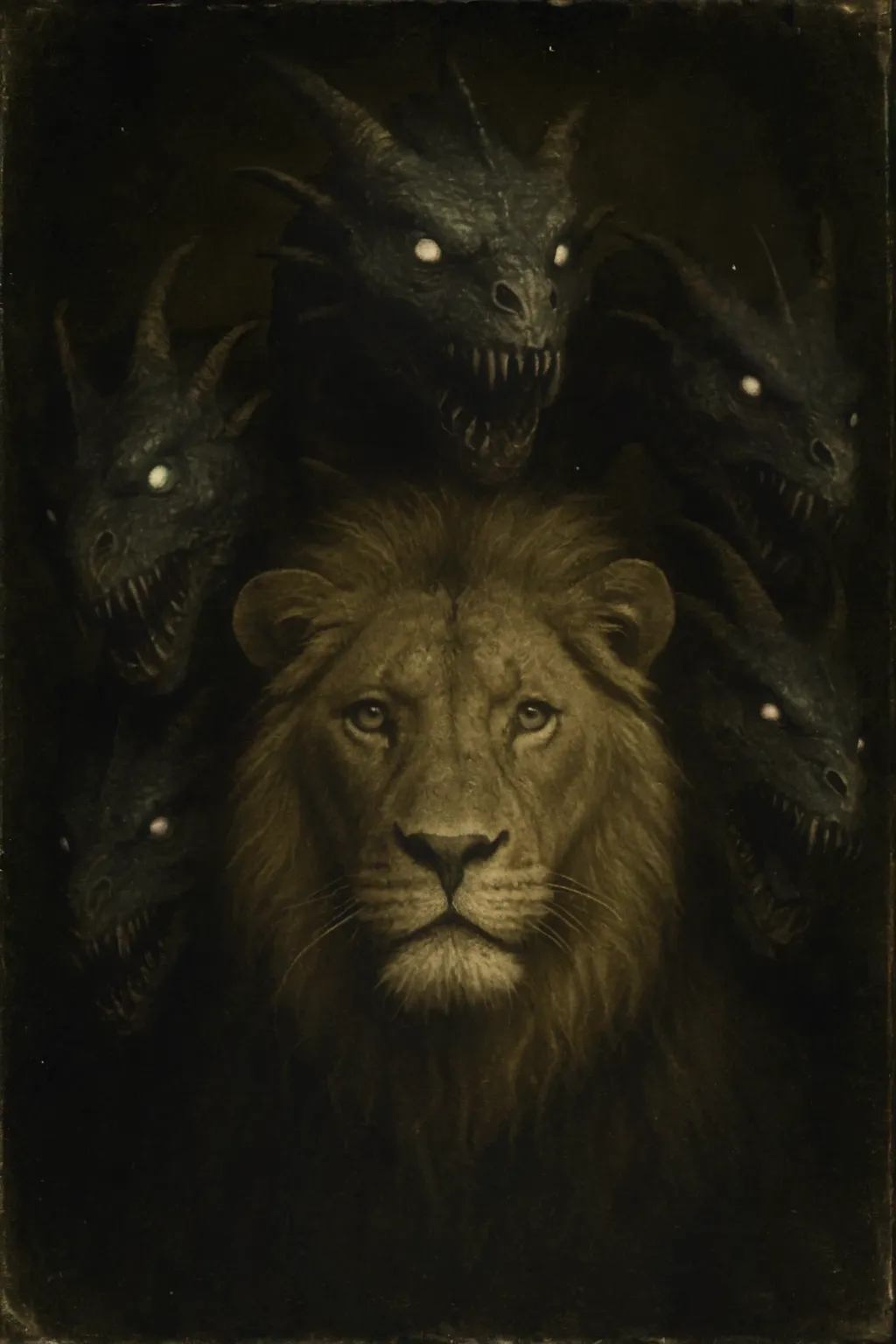 A lion guarded by a dark mythic creature