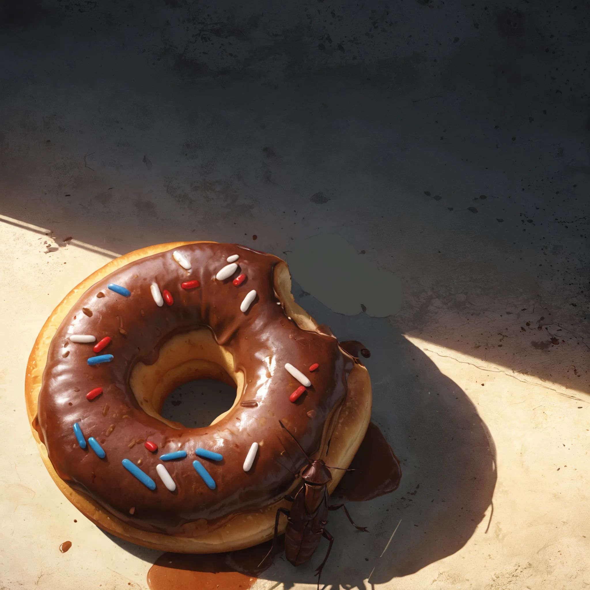 Melting chocolate donut with colorful sprinkles in dramatic lighting