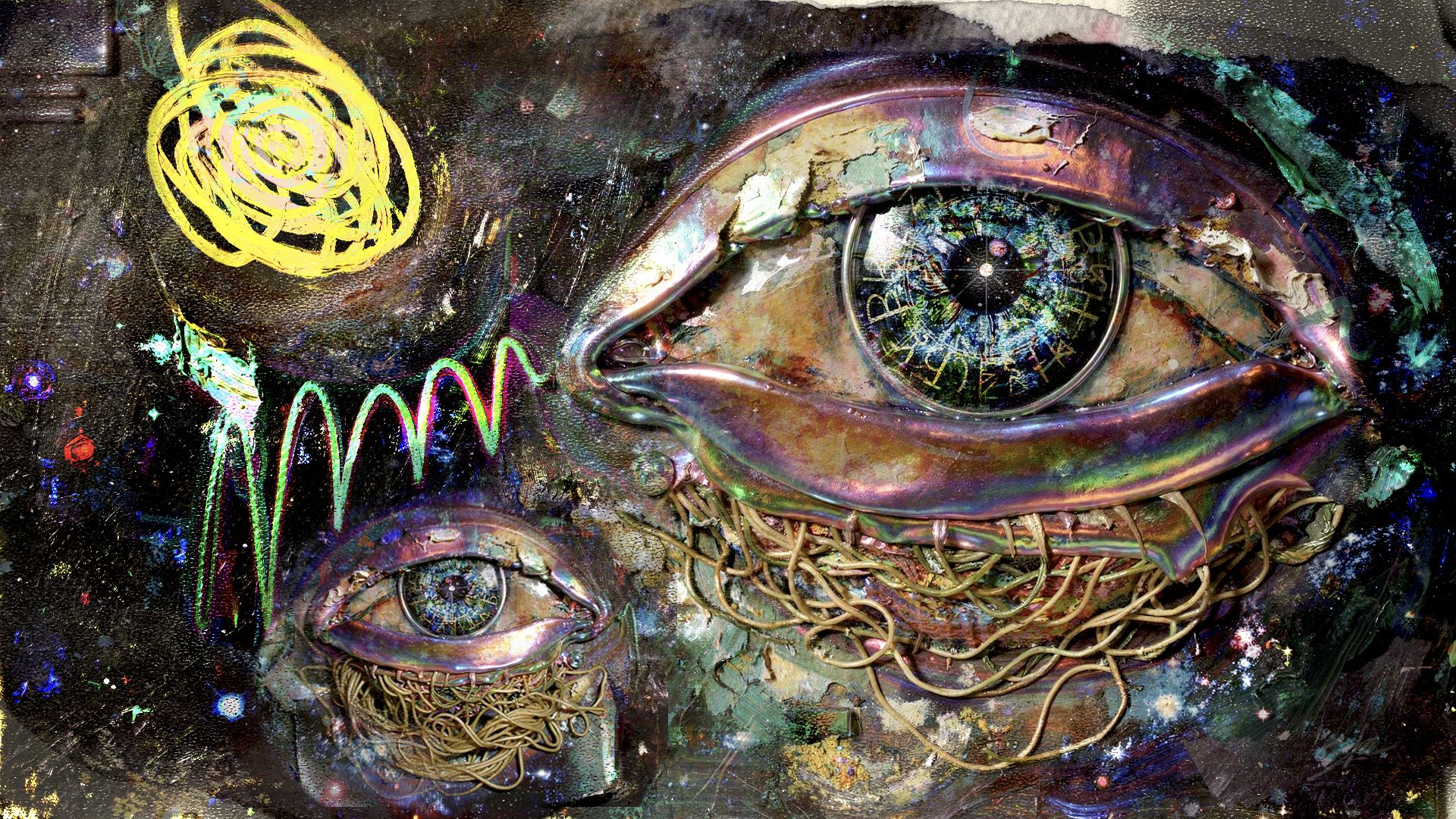 Composite AI artwork of two surreal cosmic eyes interwoven with childlike crayon drawings
