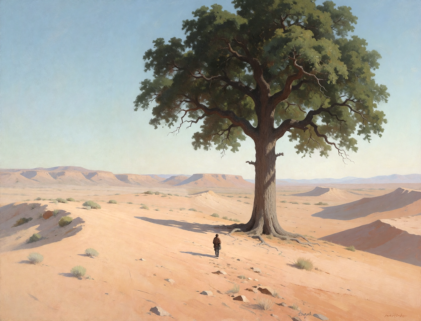 Lone traveler approaching a vast tree in a desert landscape