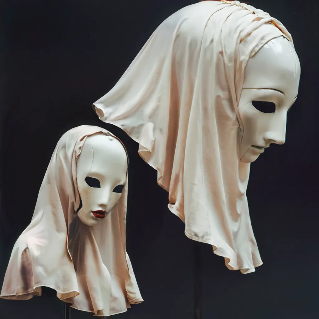 Two pale shrouded faces against black