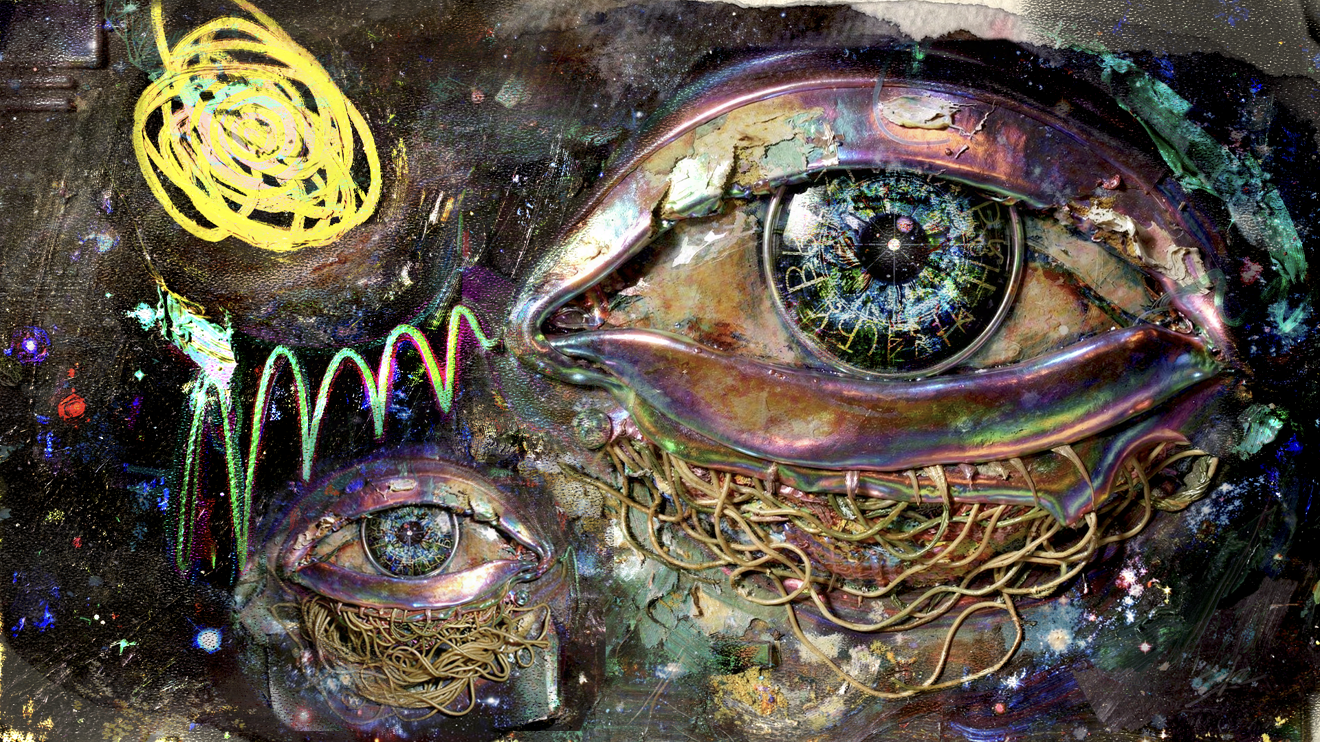 Cosmic eyes interwoven with colorful childlike drawings